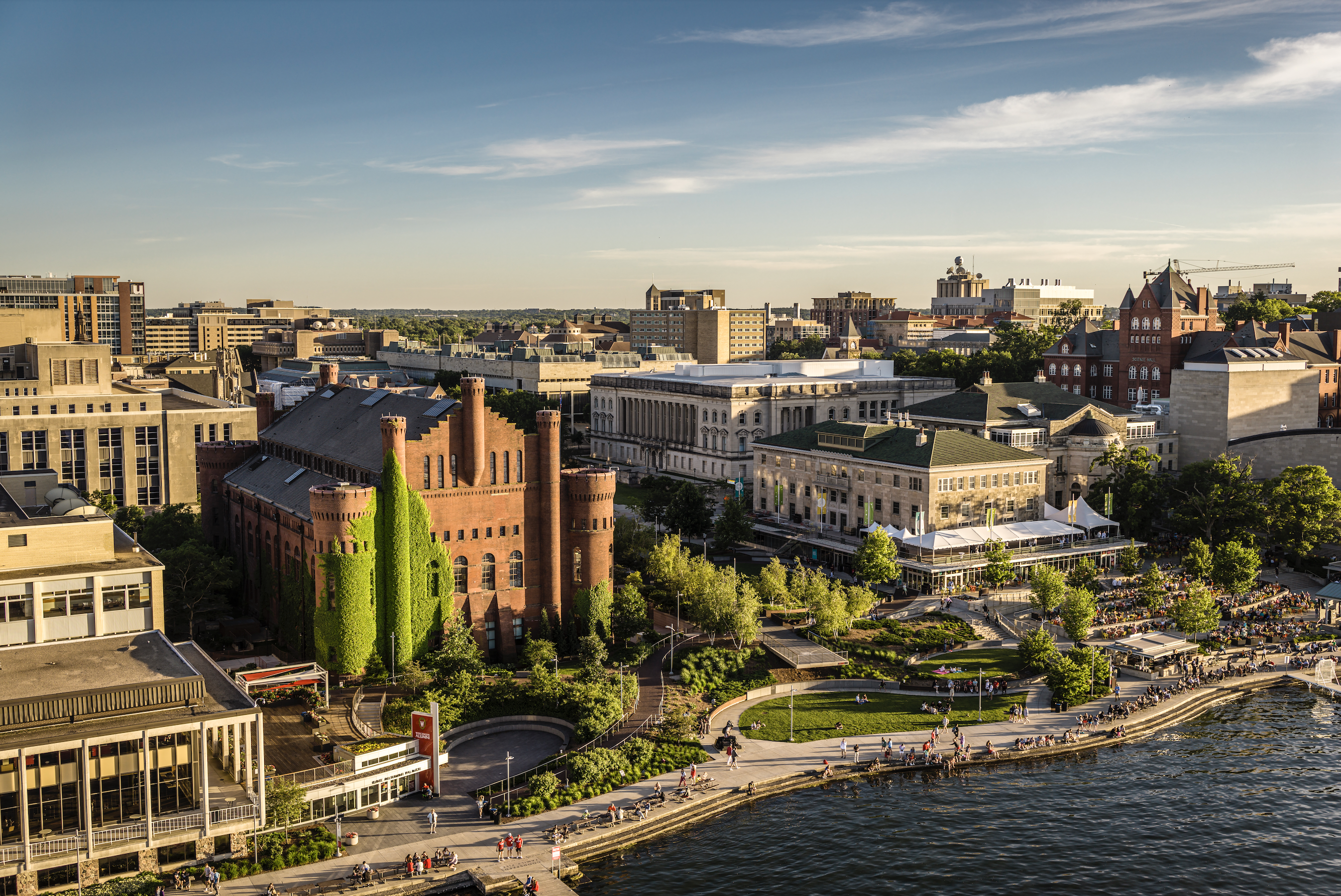Aerial view of campus with Red Gym and Historical Society