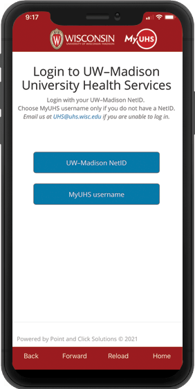 Phone screen showing MyUHS portal
