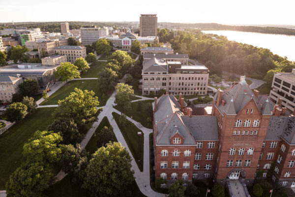Aerial view of campus over Bascom and Science Hall