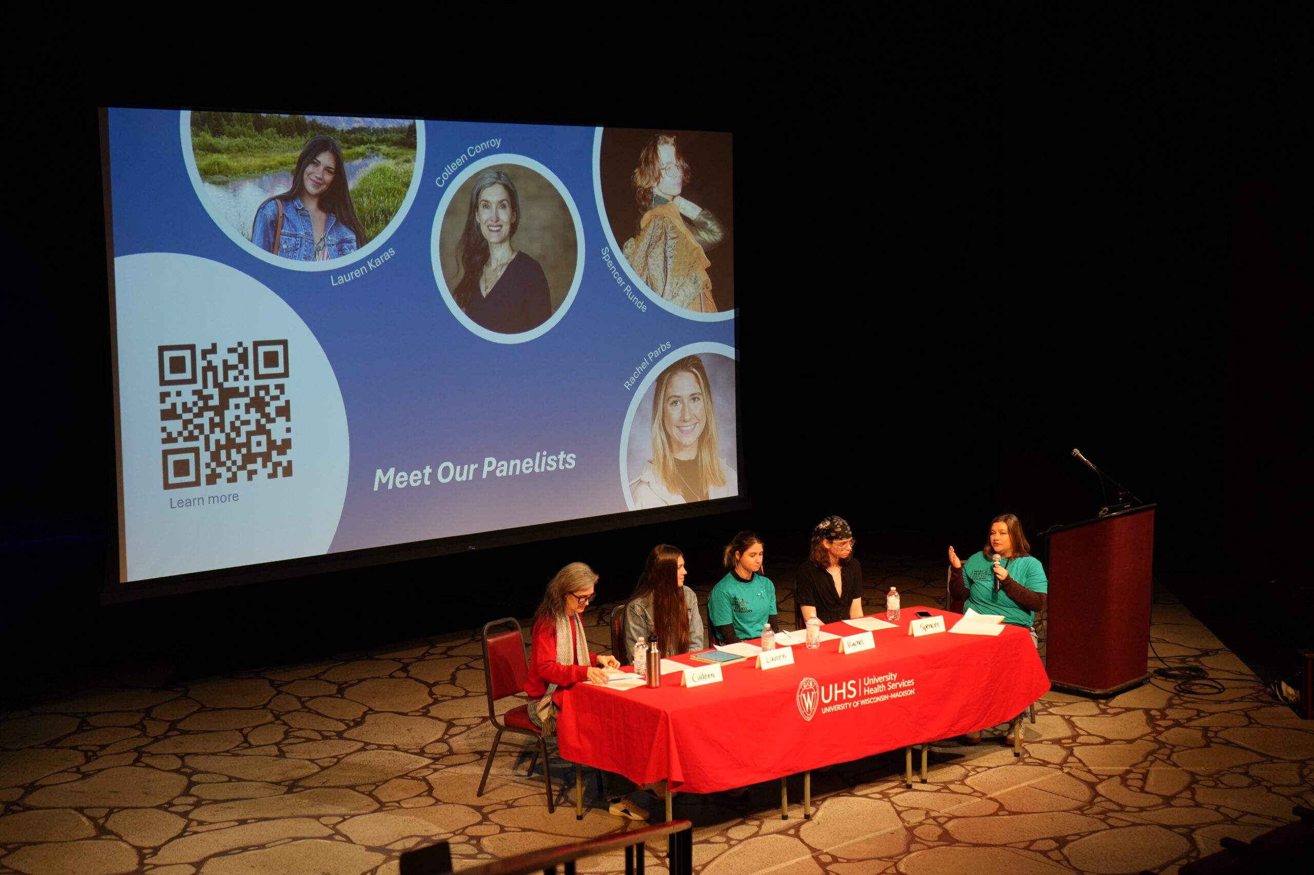 Sam Bowen (Violence Prevention) facilitating a panel discussion during Sexual Assault Awareness Month featuring leaders in victim advocacy, student activism, and UW staff dedicated to preventing sexual violence. Left to right: Colleen Conroy, Lauren Karas, Rachel Parbs, Spencer Runde, Sam Bowen