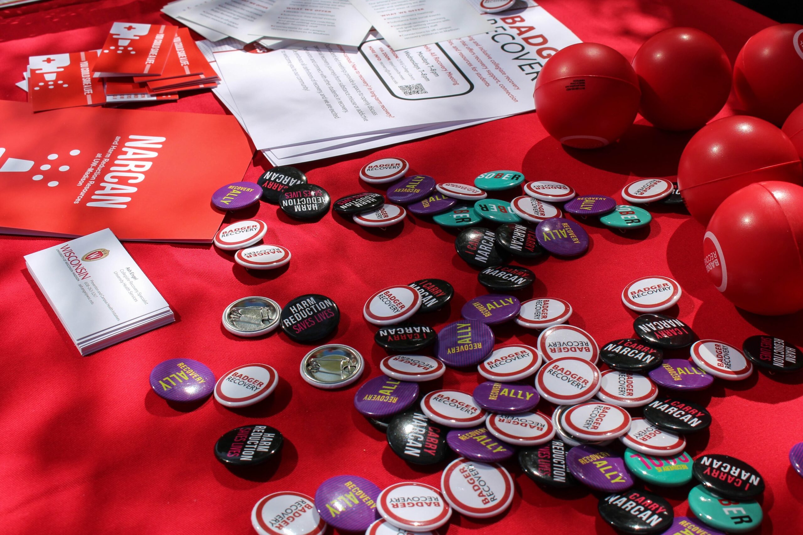Badger Recovery and Harm Reduction pins on a red tablecloth